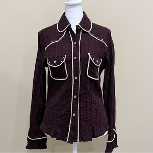 Lucy Paris Brown Western Rhinestone Button Up Shirt White Gold Trim M NWT